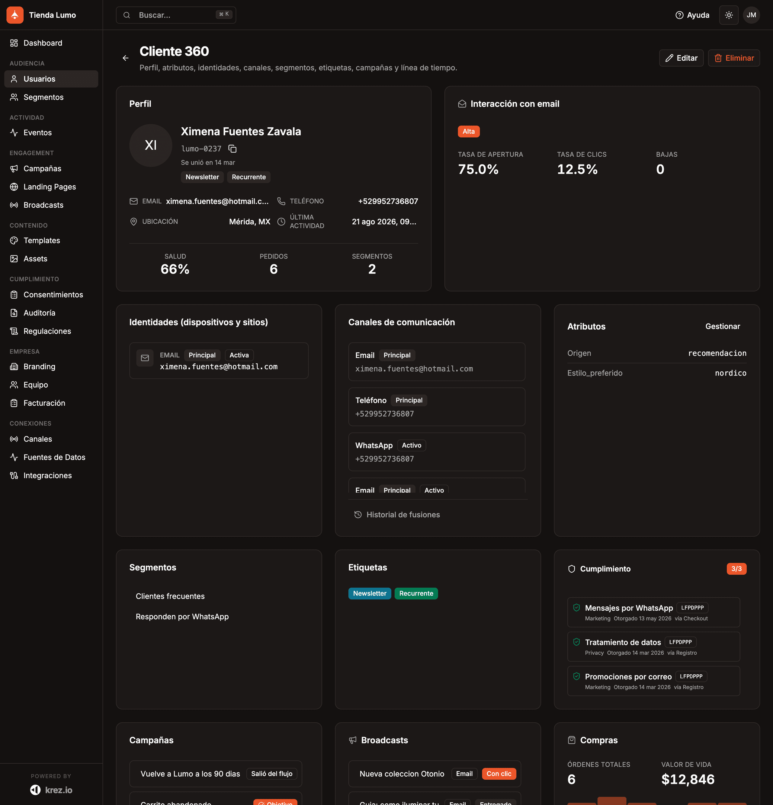 Perfil de un cliente en Krez: sus datos, su historial de compras y la lista de eventos registrados.